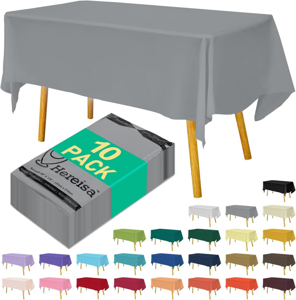 Disposable Silver Plastic Tablecloth 54X108 Inch, 10-Count Waterproof Rectangle