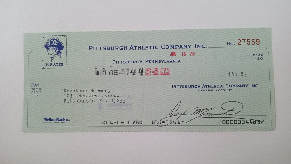 Keystone - Harmony: 1978 Pittsburgh Pirates Expense Check
