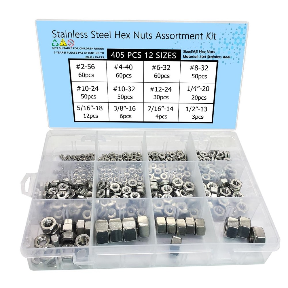 405PCS Stainless Hex Nuts Assortment Kit Hardware Nuts Commercial Grade SAE #.