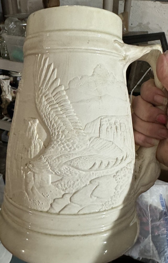 Vintage Ceramic Bisque White Ready to Paint Large Stein Jug Eagle