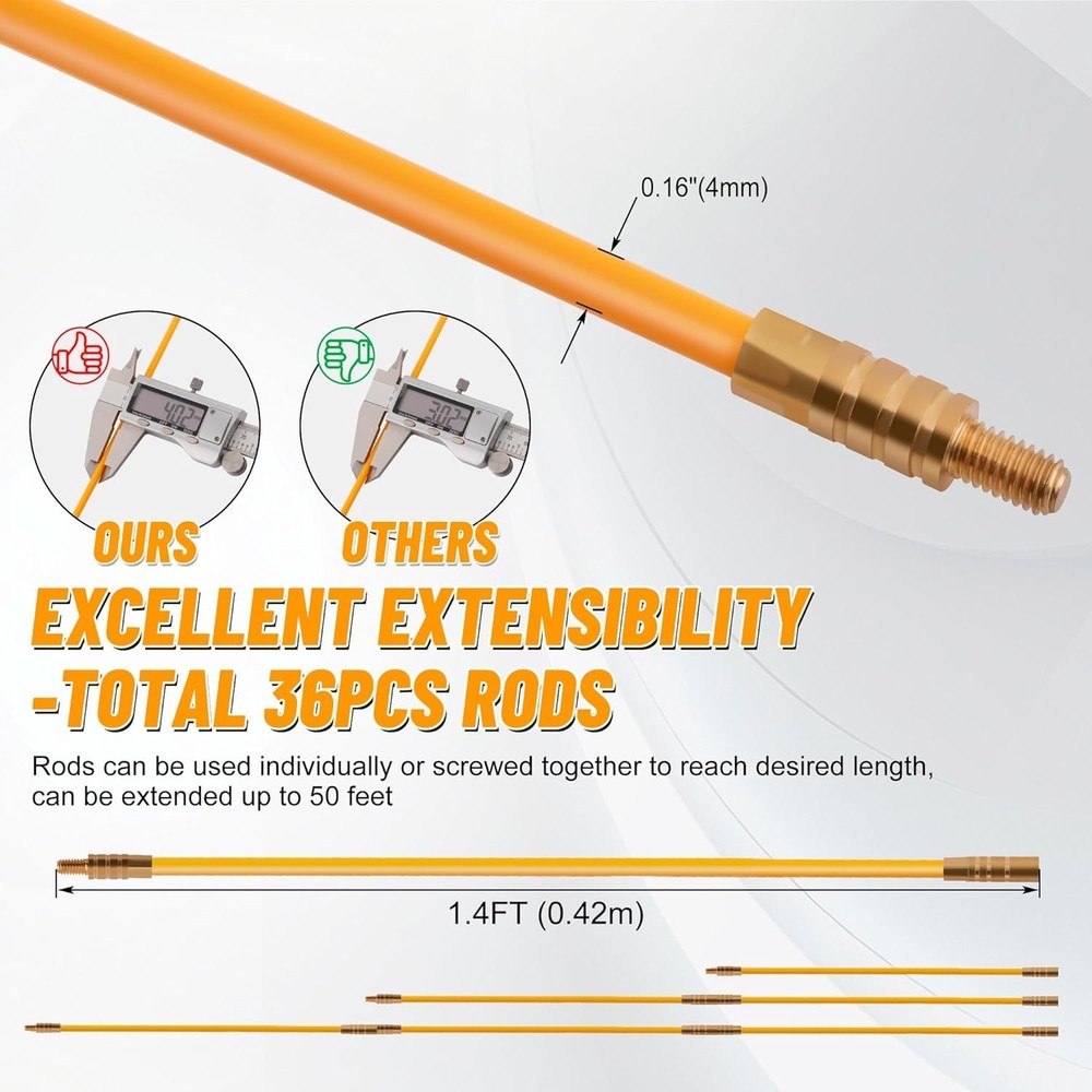 50FT Fiberglass Running Electrical Wire Cable Glow Rods Wire Pulling Tools Fi...