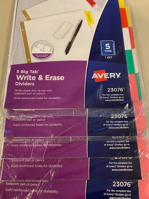 Avery 5 Big Tab Write & Erase Dividers (5 Packages) -NEW