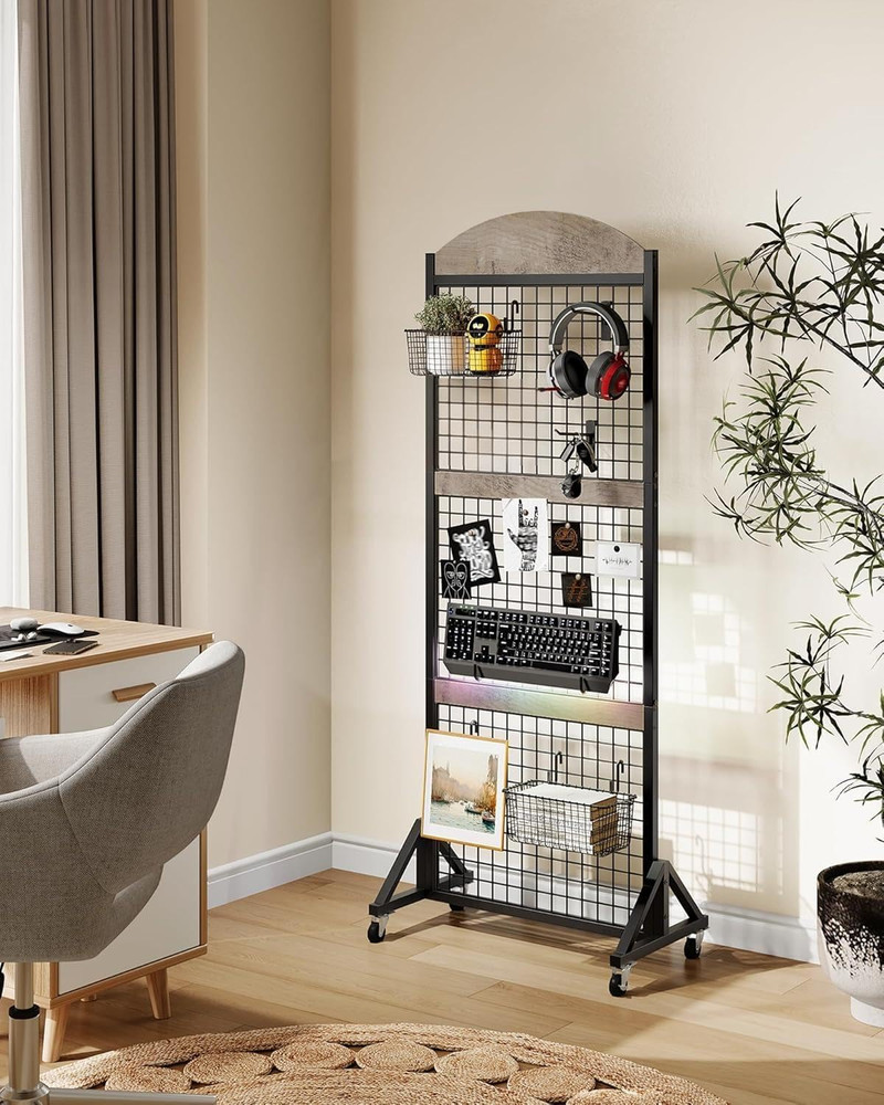 Movable Grid Wall Panel Display Rack with Wheels & Hooks - Greige/Black