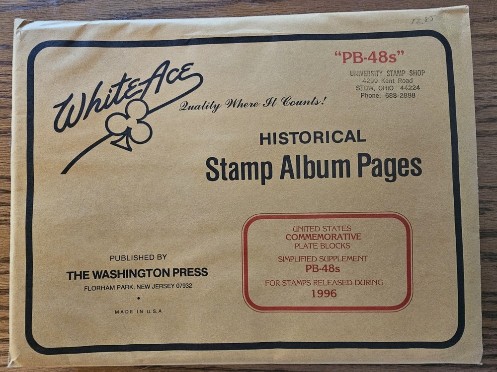 White Ace Stamp Supplement PB-48S for 1996 Commemorative Plate Blocks NOS