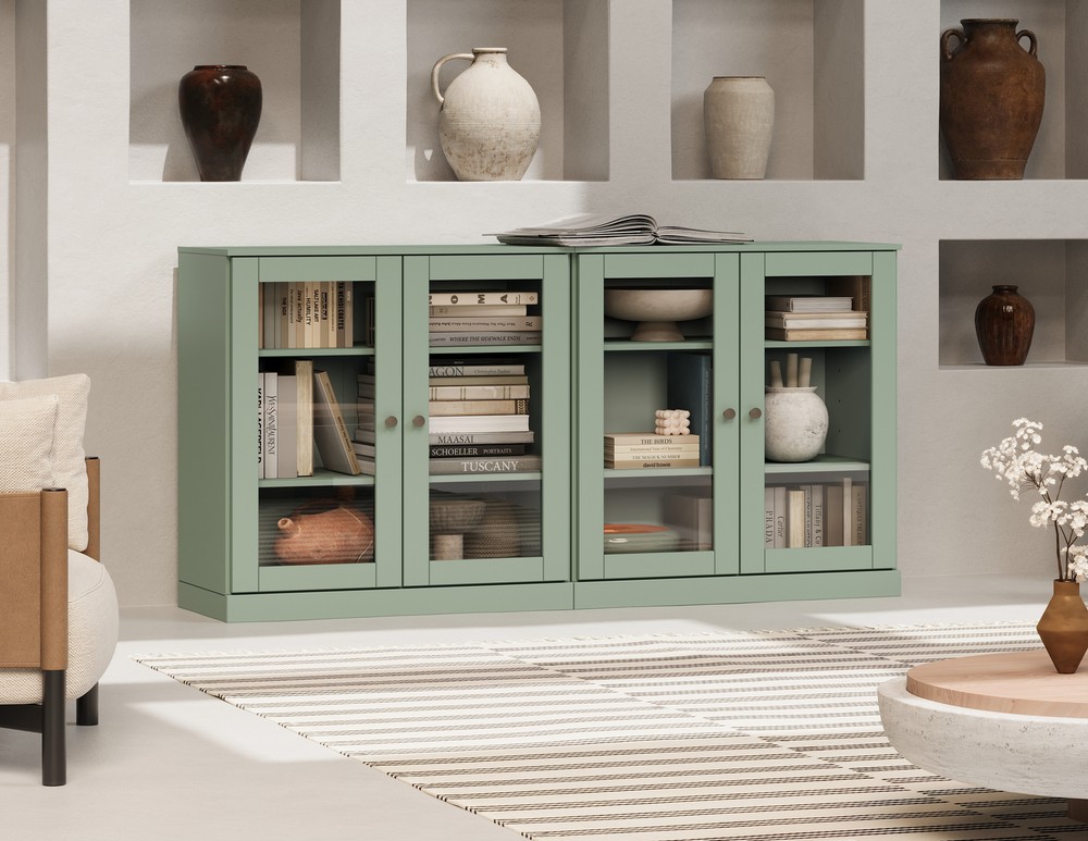 100% Solid Wood 64" Modular Sideboard, 2 Clear Glass Doors