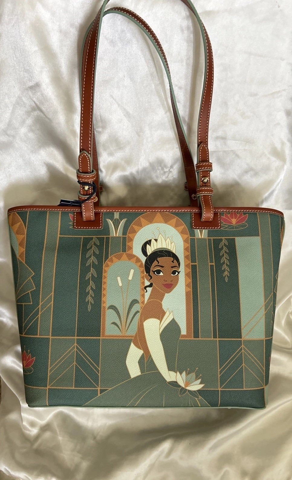 NEW TAGS DISNEY PARKS DOONEY BOURKE PRINCESS TIANA GREEN/BROWN LEATHER TOTE