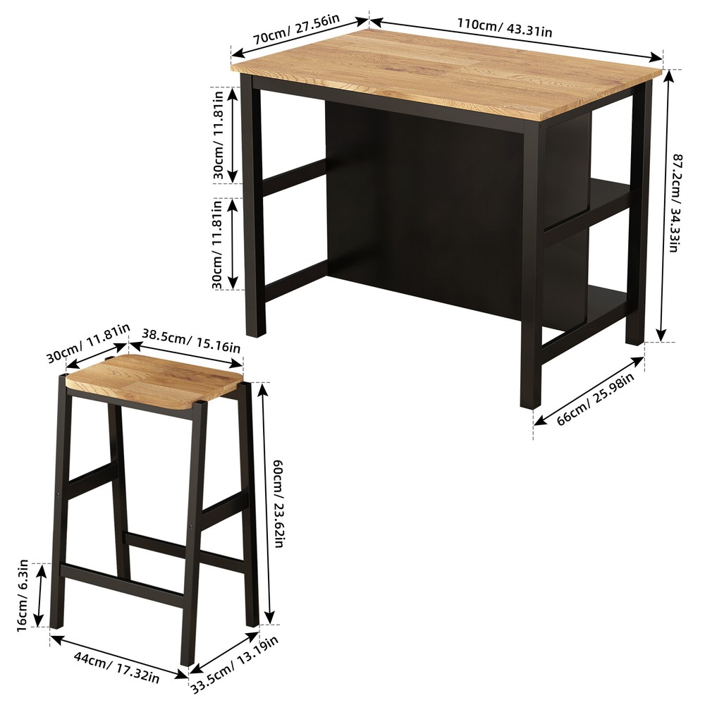 3PCS Dining Table Set Rustic Retro Breakfast Table Dining Stools with 2 Shelves