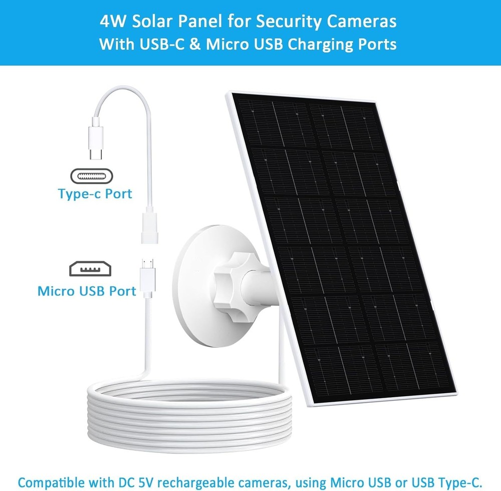 USB Solar Panel with 9.8FT Cable - Compatible & Adjustable for Security Cameras