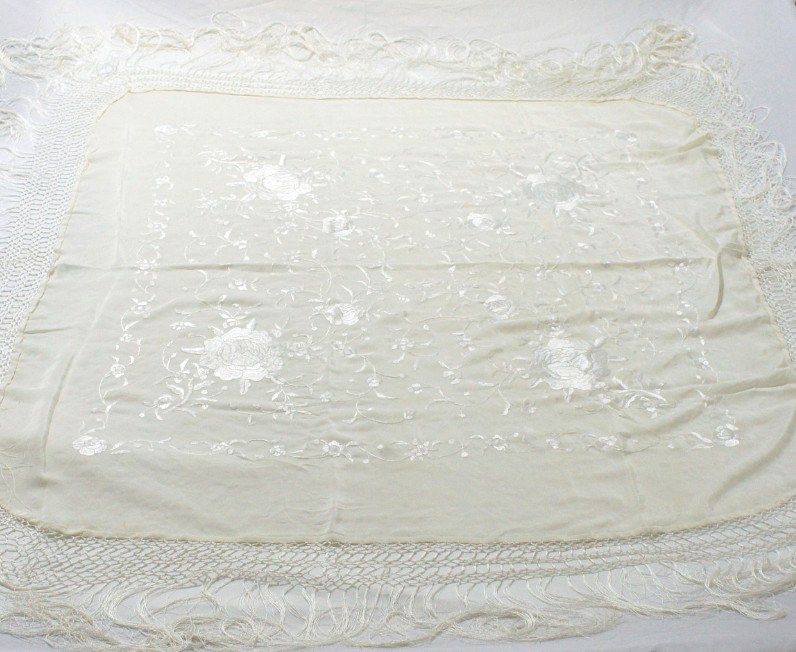 Antique Silk Shawl Wrap Piano Scarf HAND EMBROIDERED FLORAL WITH FRINGE.