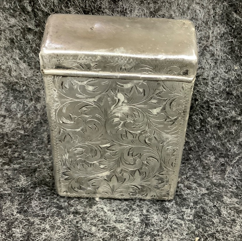 CIGARETTE CASE, ANTIQUE 950 SILVER CARVED/ENGRAVED CASE, (PUSH BUTTON OPENING)