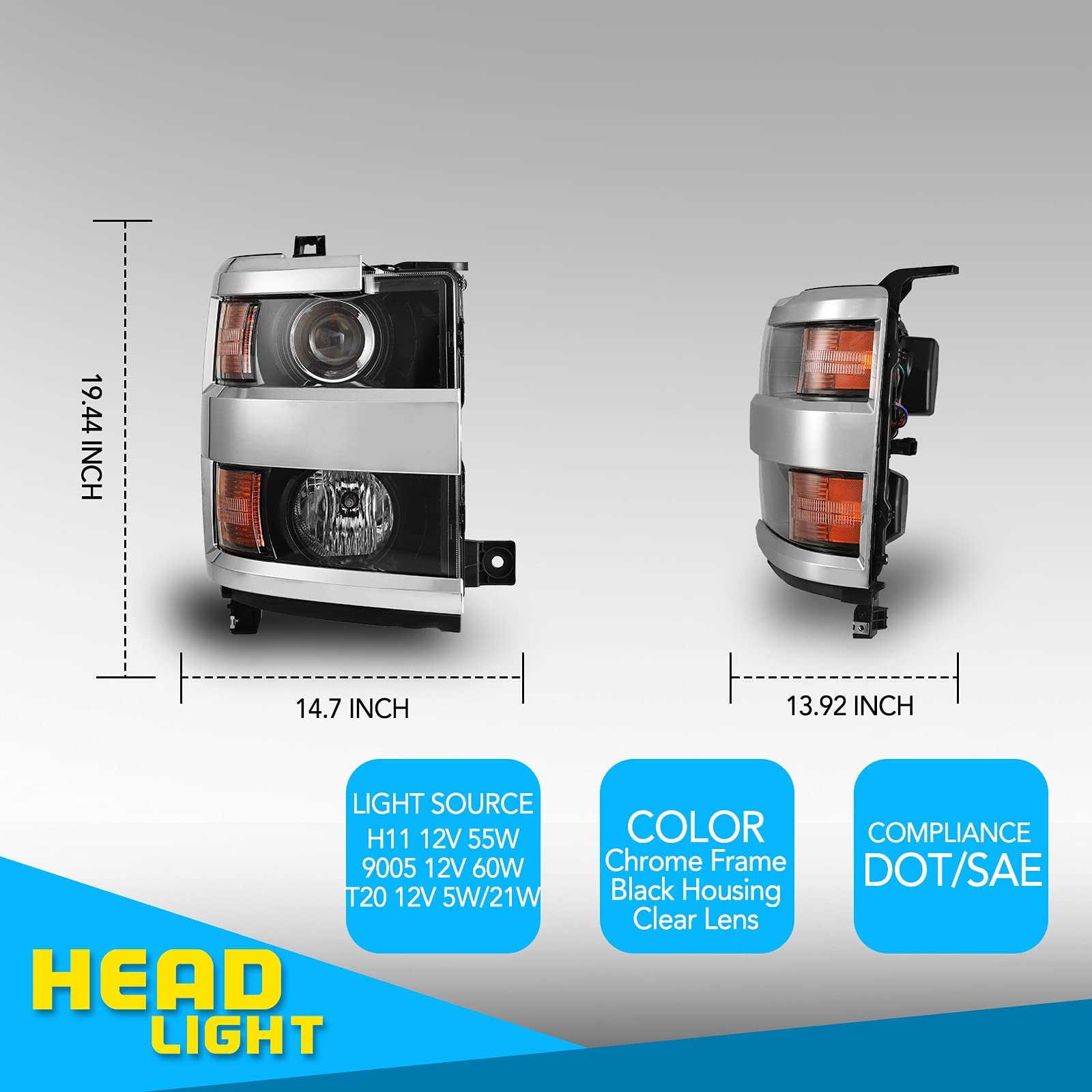 Projector Headlights For 2015-2019 Chevy Silverado 2500 3500 HD Lamp 1 Pair