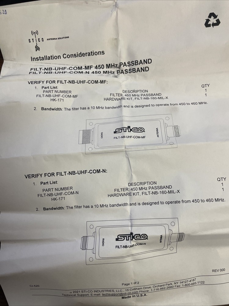STI-CO FILT-NB-UHF-COM-MF. RF Filter