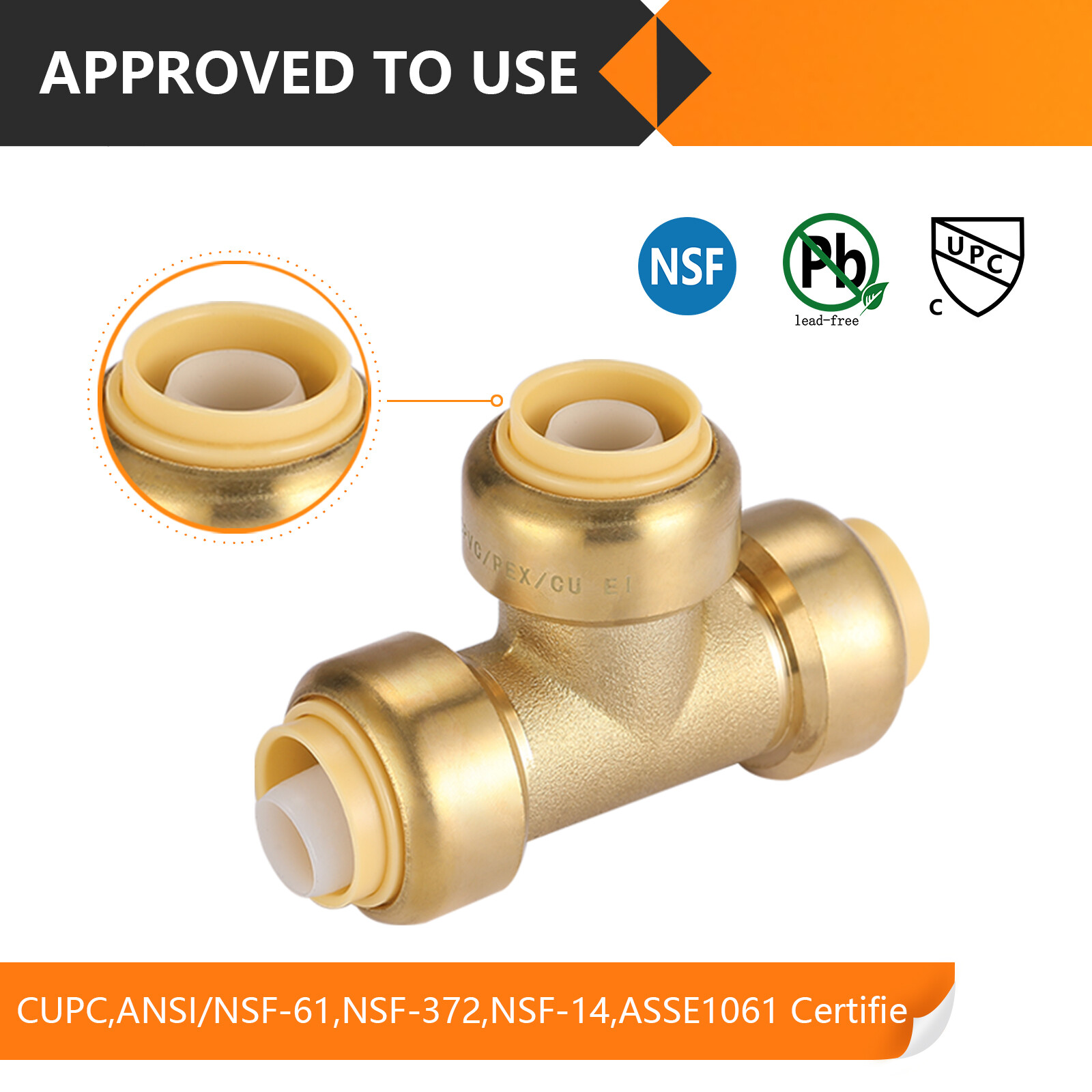 EFIELD (2 to 100 Packs) 3/4"×3/4"×3/4"Push Fit Equal Tee Brass Fitting Lead Free