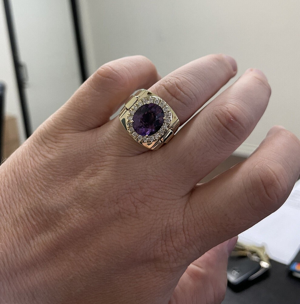 Purple Amethyst Diamond Men's Ring 10K Solid Yellow Gold Statement Ring