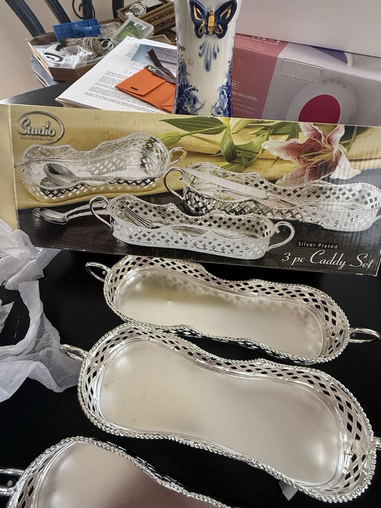 3pc Set of Vintage Studio Silversmiths Silver Plated Utensil Caddies NIB