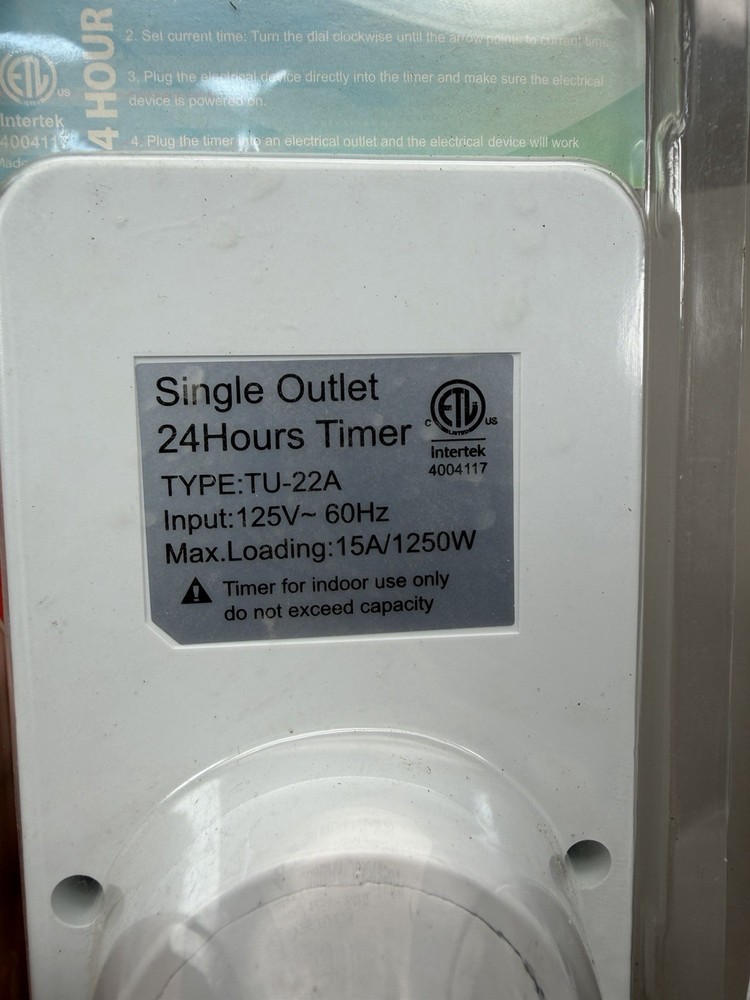Intertek Programmable 24 Hour Mechanical Timer TU-22A 1250W Wall Plug-In