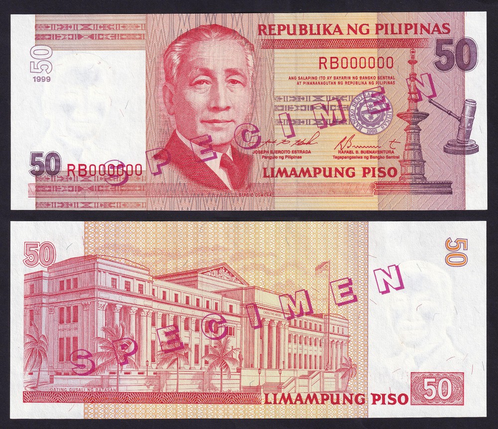 1999 NEW DESIGN 50 Pesos SPECIMEN RED SOLID NO. RB000000 Philippine Banknote