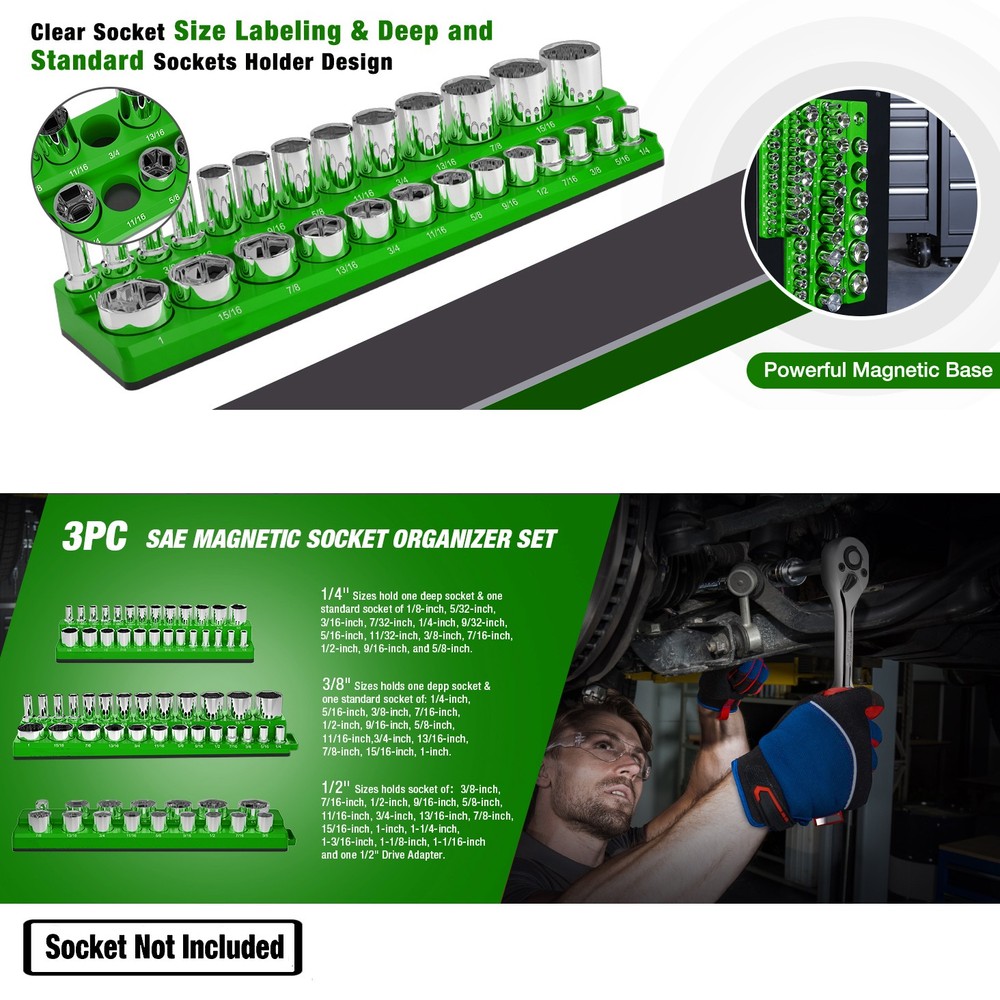 3PCS Magnetic Socket Organizer Socket Green 1/4 3/8 1/2" Drive Socket Holder