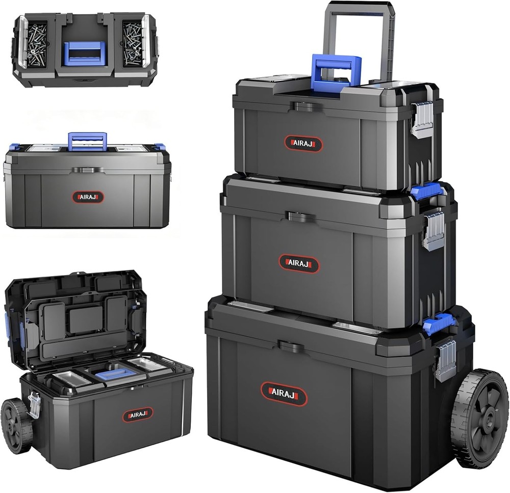 Stackable Toolbox with Detachable Parts Box Organizer 3-In-1 Rolling Tool Box