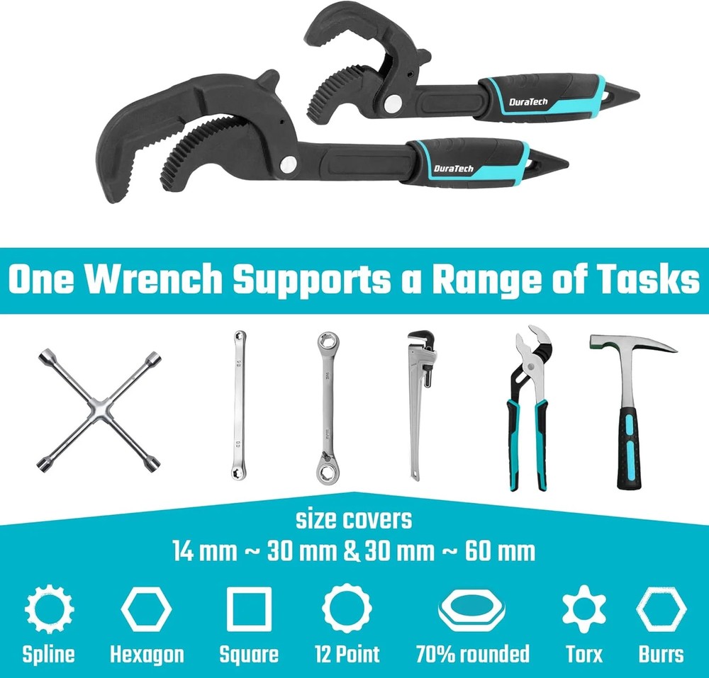 DURATECH Multi-function Adjustable Pipe Wrench Set, 2-Piece, Quick Self-Adjustin