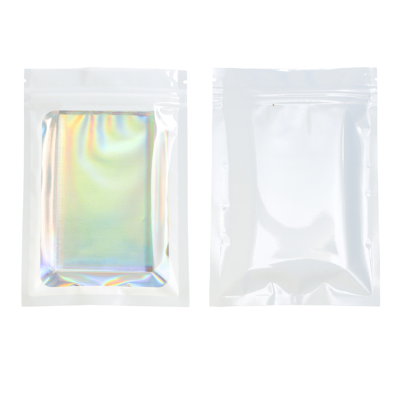 White Mylar Food Packaging Bags, Holographic Foil Snack Bags with Clear Window