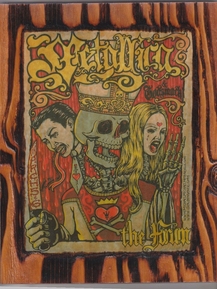METALLICA 2004 L..A. FORUM CONCERT FLYER COPIED ON A UNIQUE WOODEN PLAQUE