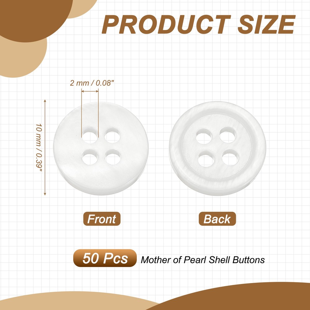 Natural Shell Button 4 Hole Shell Round Sewing Buttons 10 mm & 50 Pack & White