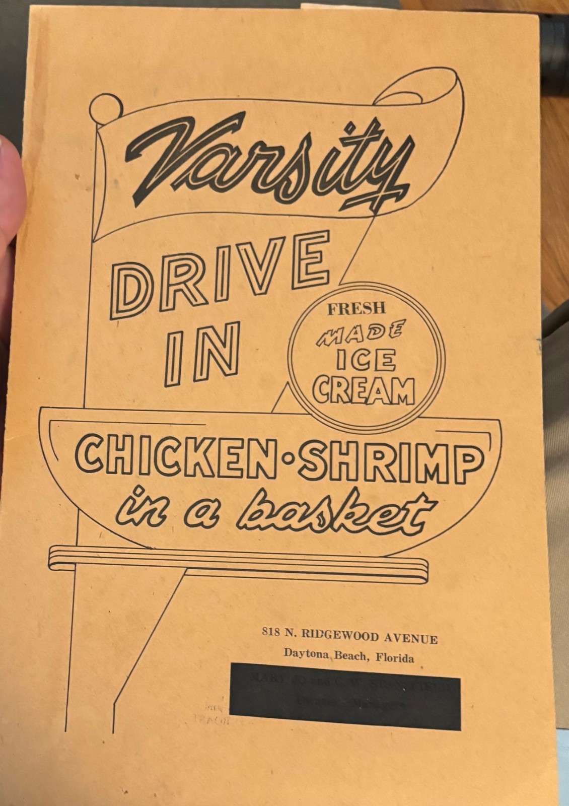 Vintage 1950s Daytona Beach Florida "Varsity Drive In" Menu