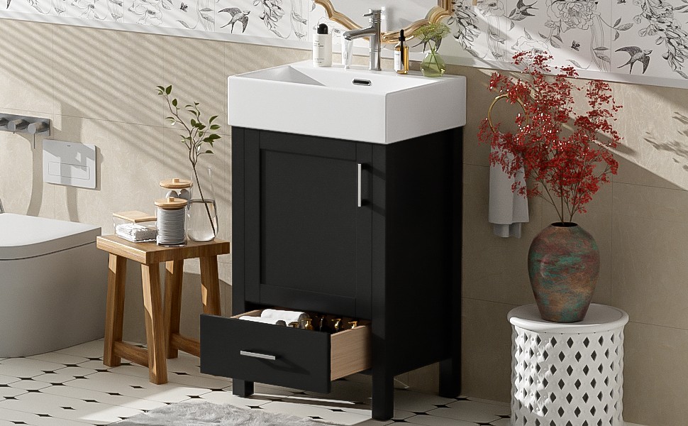 Black Modern Bathroom Vanity with Ceramic Sink, Solid Wood Frame，Storage Drawer