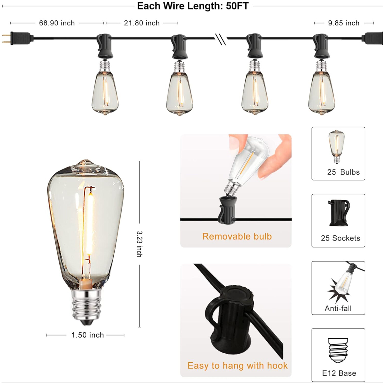 Outdoor String Lights, IP65 Waterproof Led Lights,Hanging for Backyard Garden