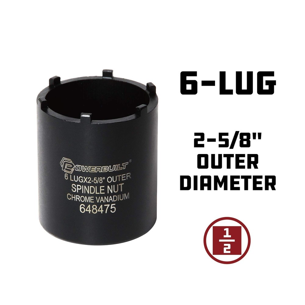 Powerbuilt 648475 Spindle Nut Socket, Six Outer Black, 6-Lug, 2-5/8" Outer