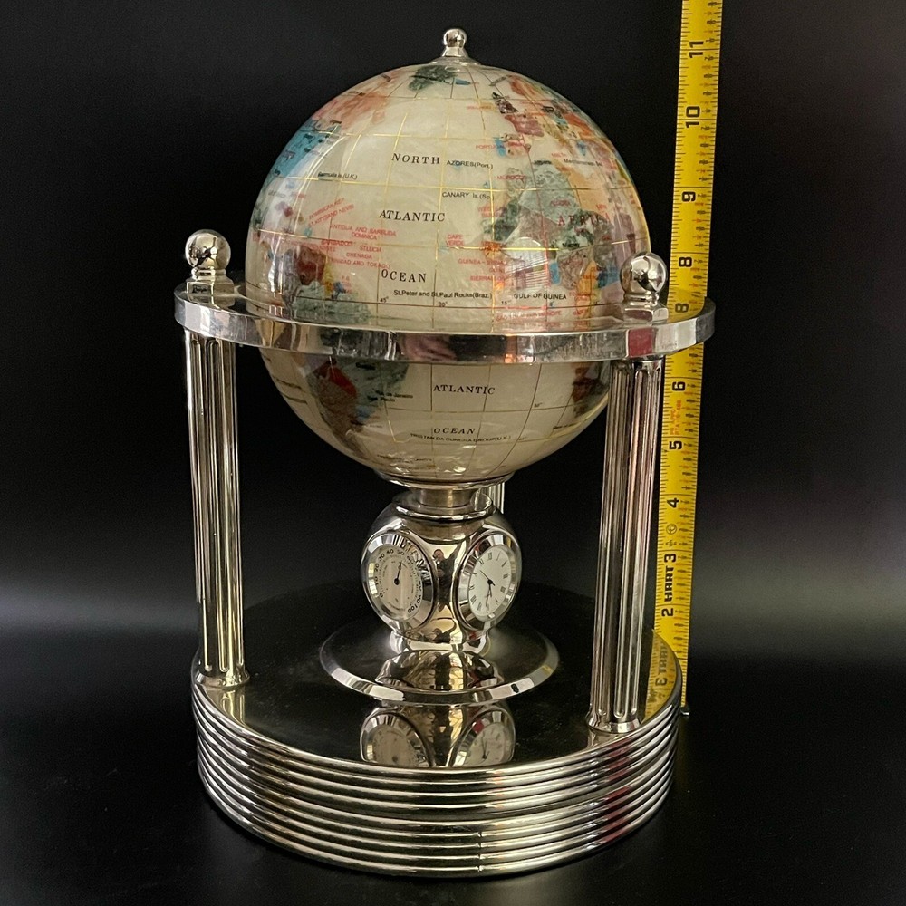 Beautiful Antique Precious Gemstone World Globe With Clock, Hydrometer, & Temp