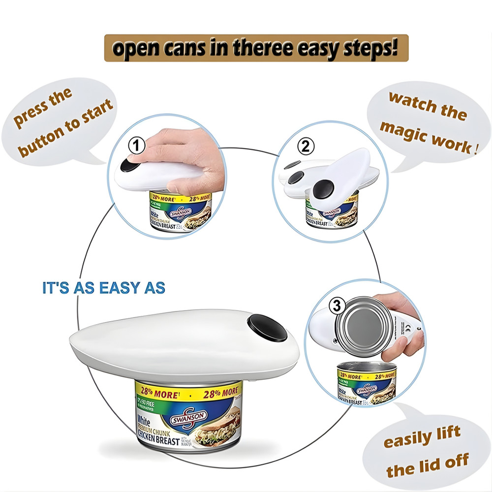 One Touch Automatic Electric Can Opener – Battery Powered, Smooth Edge Safe Cut