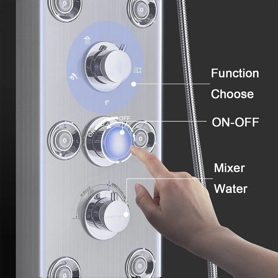Rain Shower Panel Tower System Stainless Steel 6-Function Faucet LED Shower Head