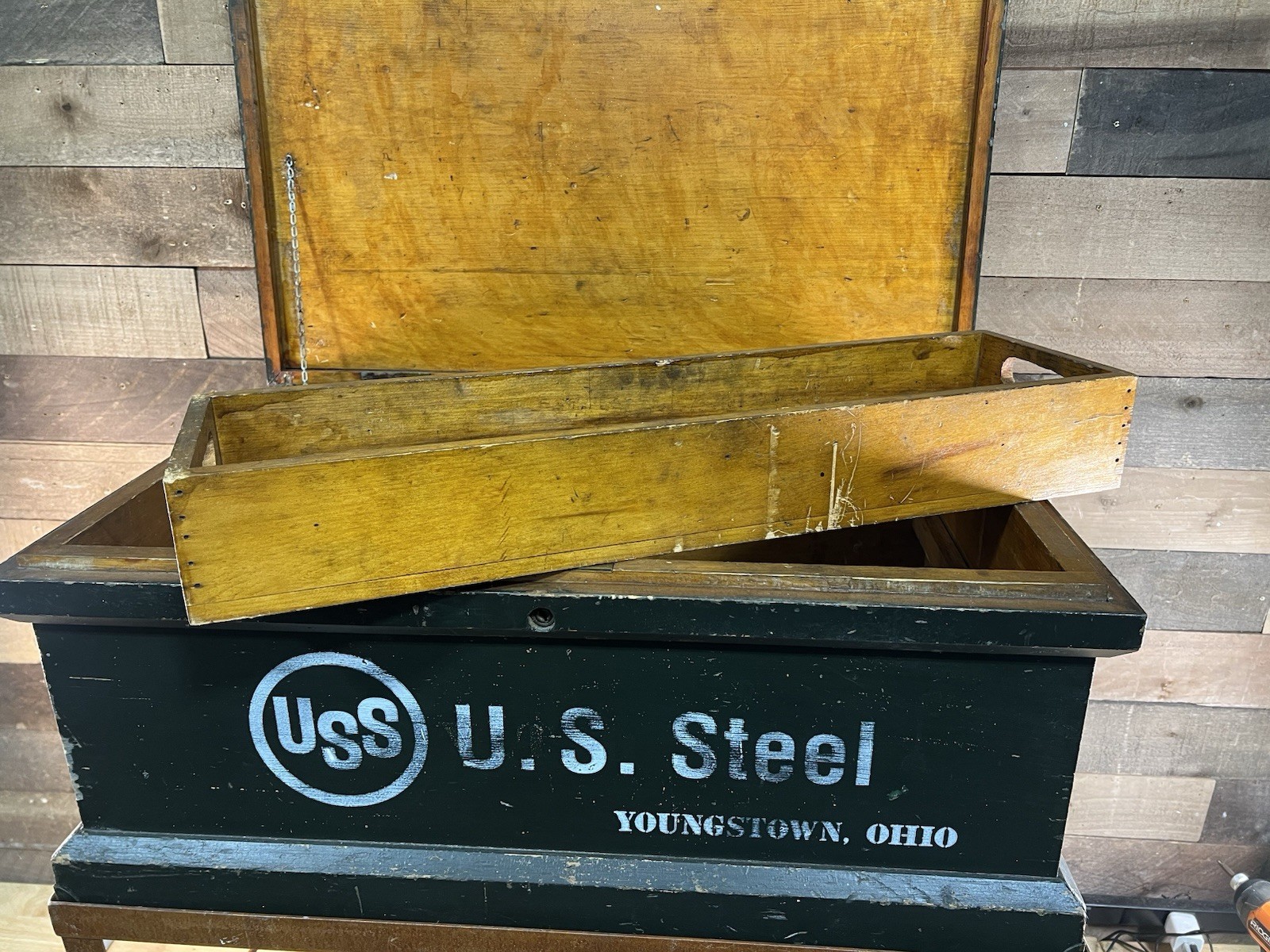 Vintage Large U.S. Steel Wooden Toolbox With Metal Base Stand