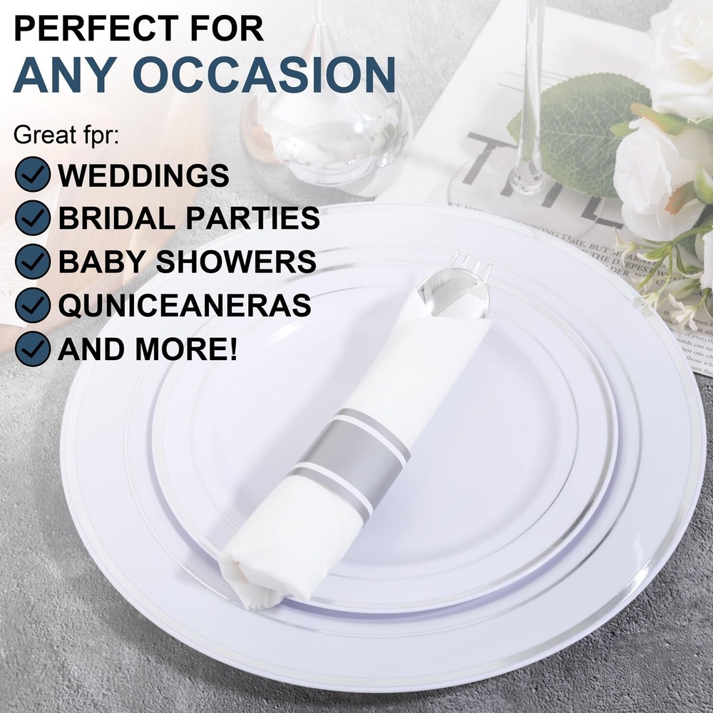 400PCS Pre Rolled Silver Plastic Silverware Sets - Heavy Duty Silver Cutlery ...