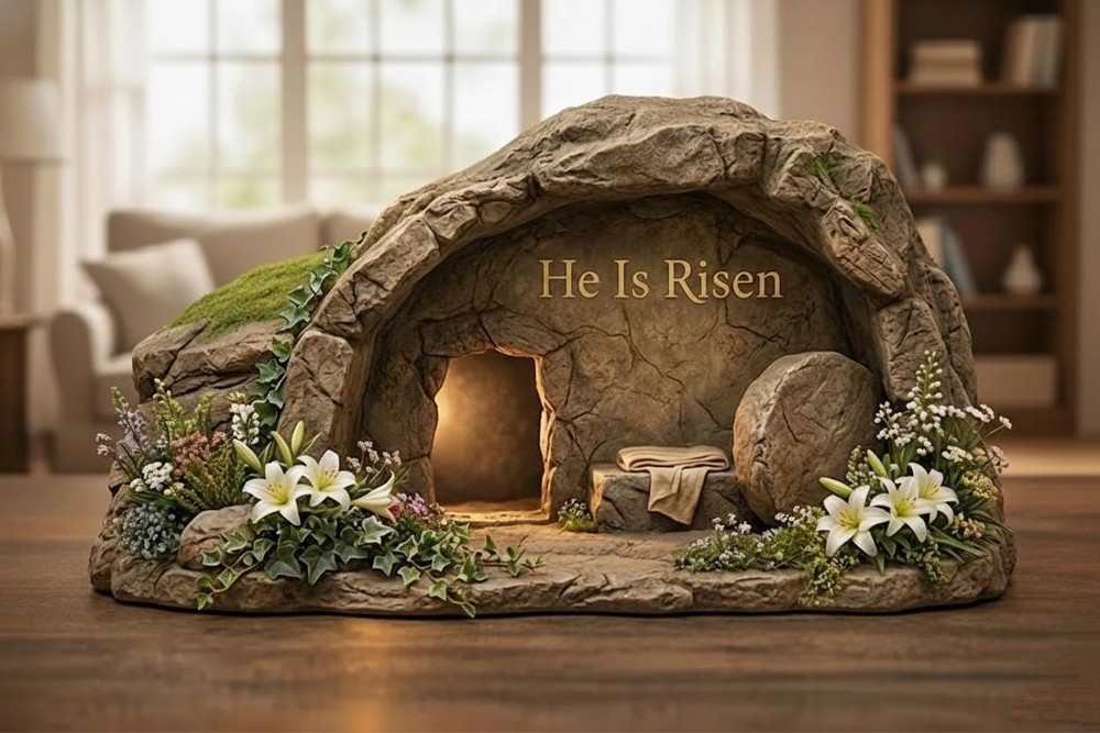 He Is Risen Empty Tomb Resin Figurine – Easter Christian Tabletop Decor