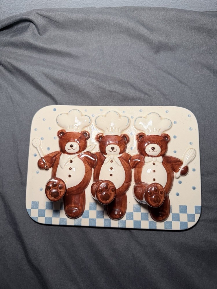 Vintage Ceramic Teddy Bear Chef Wall Hooks / Key Holder – 3 Hook