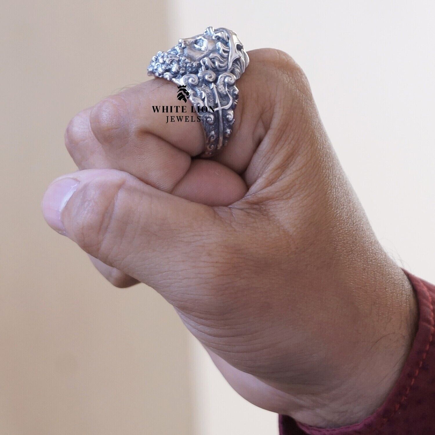 Greek God of Sea Mythology Poseidon Trident Bearded 925 Silver Men Ring