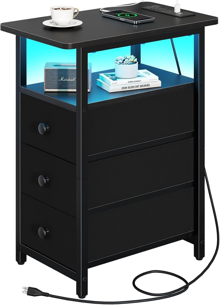End Table W/ Charging Station LED Narrow Side Table Bedside Table Small Night
