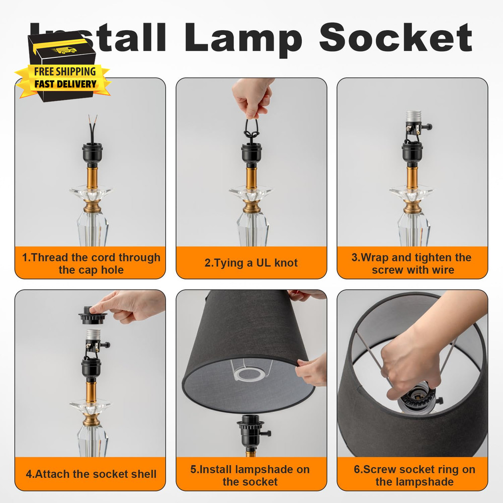 3 Way Light Socket with Lamp Shade Ring, E26 Lamp Socket Replacement with Switch
