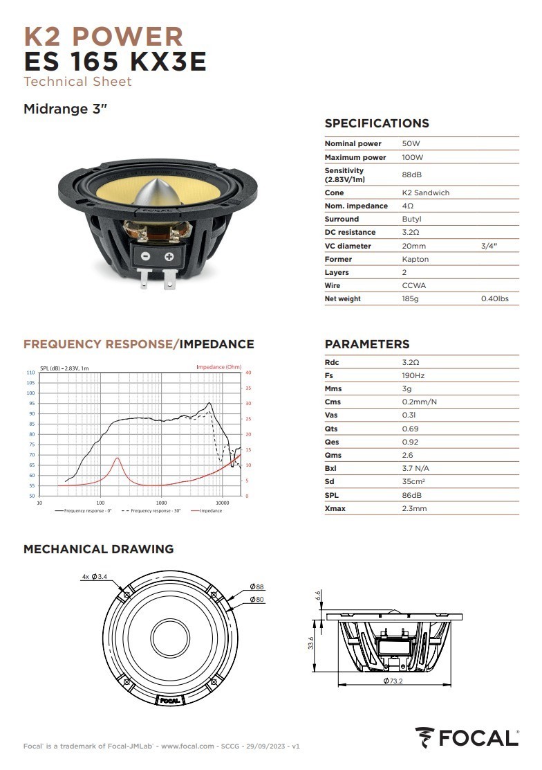 Focal ES 165 KX3E 3" (80 mm) midrange speakers ELITE K2 POWER HPVE3020 Pair