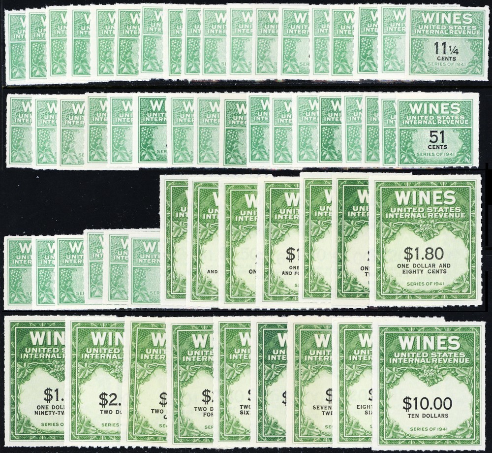 RE108//RE203, 56 Different Values of Wine Revenue Stamps CV $318. - Stuart Katz