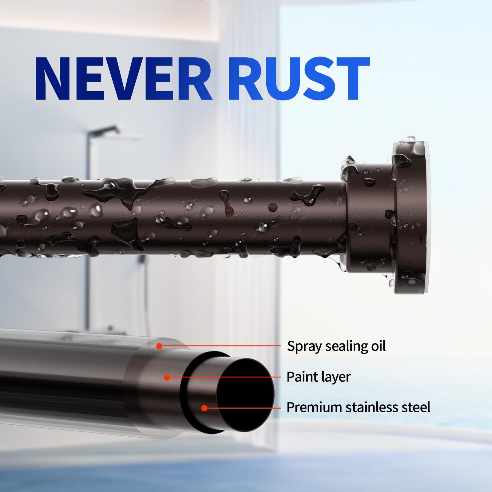 Heavy Duty Tension Shower Curtain Rod, Adjustable 28-74 inch, No Drill