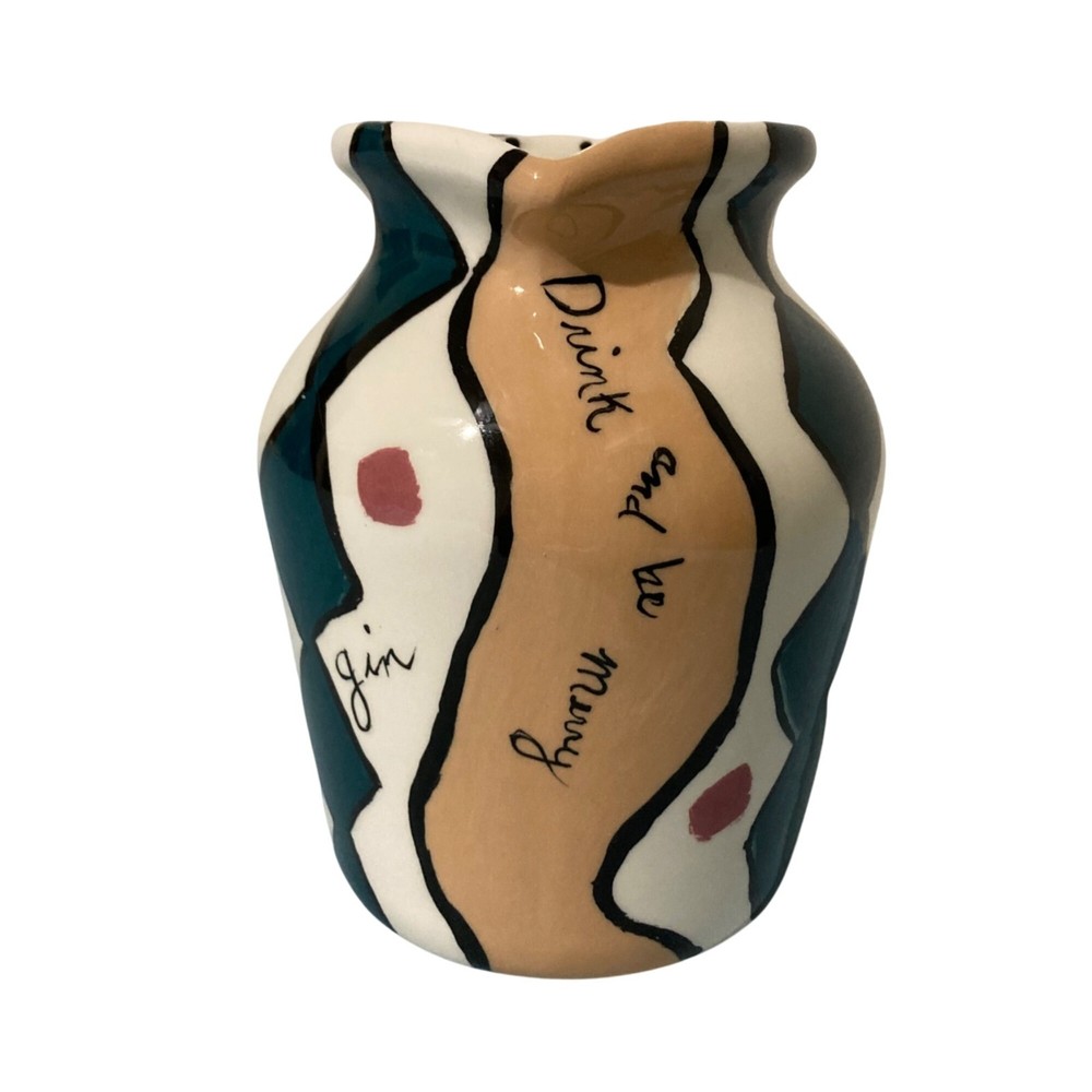 Hand Painted Barware Ceramic Pitcher With Abstract Design Fun Drink-Themed Text