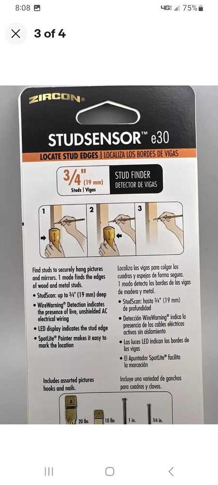 NEW Zircon StudSensor e30 Stud Finder with Wire Warning BONUS Hooks & Nails