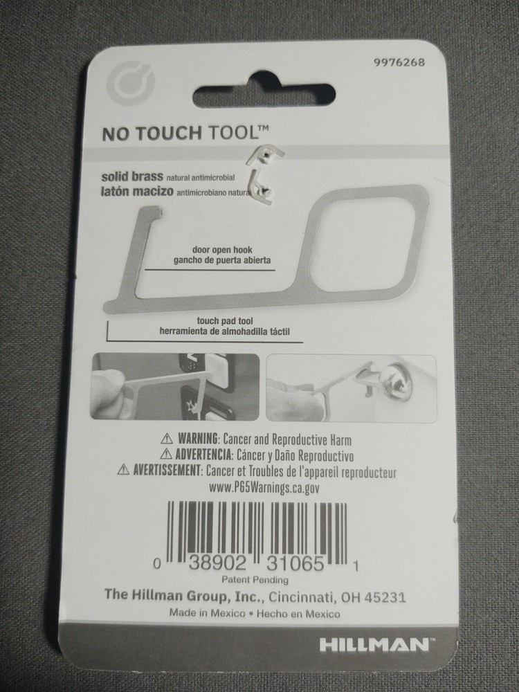 Minute Key No Touch Tool Solid Brass Anti-microbial By Hillman Door Open Hook