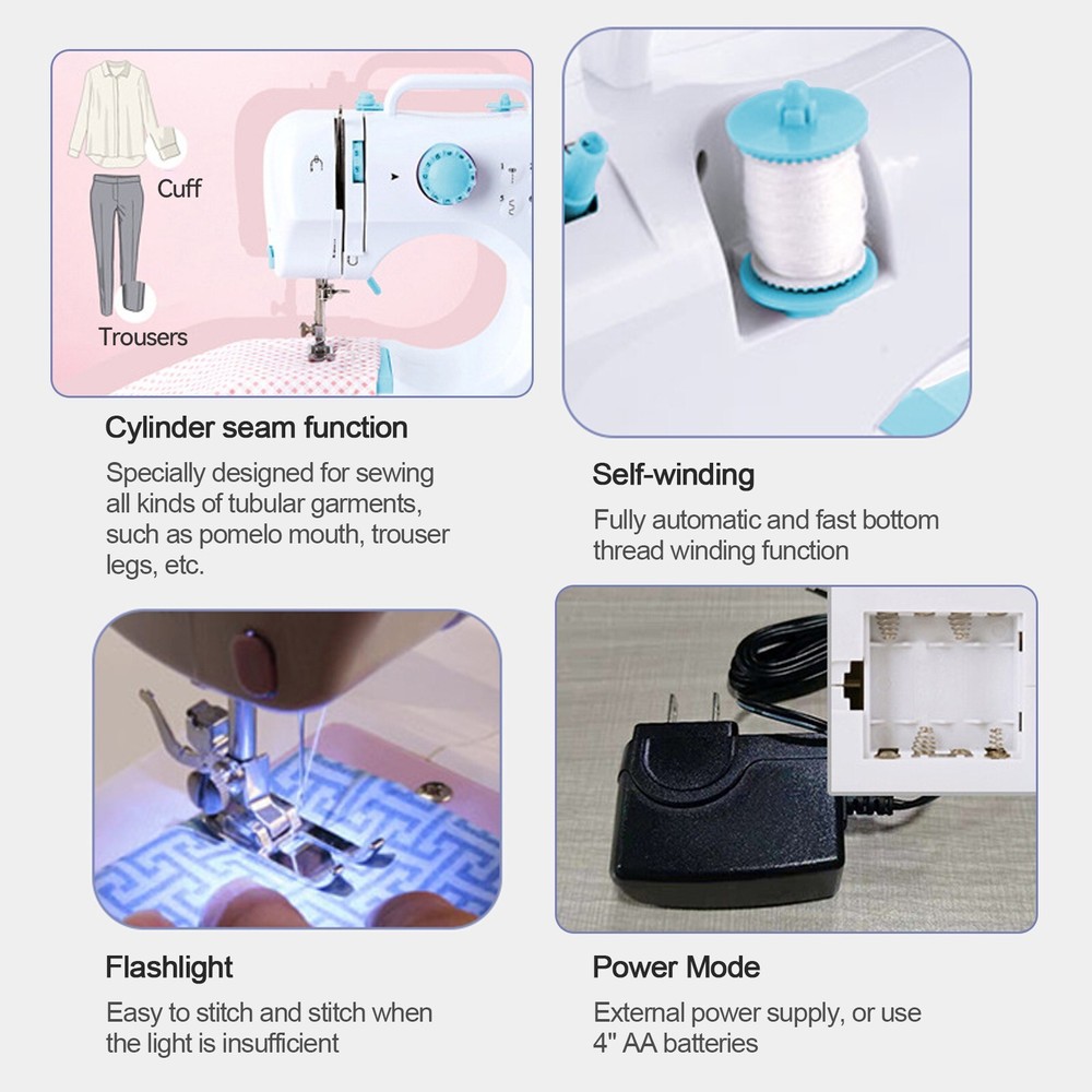 Mini Electric Sewing Machine 12Stitches Double Thread Portable US Plug Blue 110V