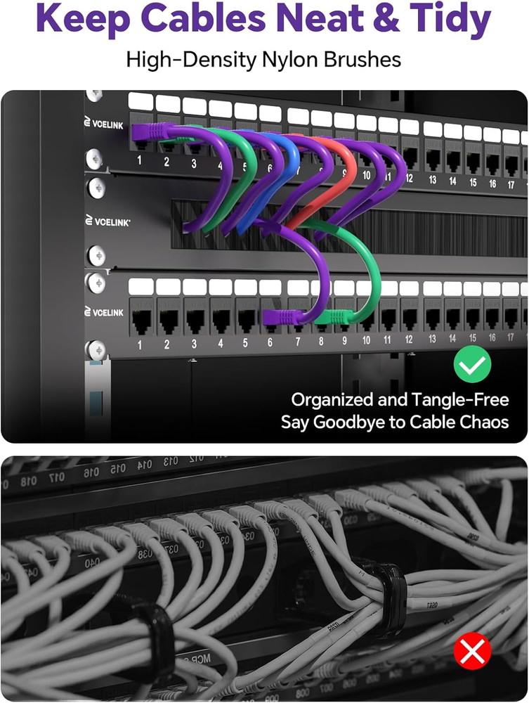 1U Metal Brush Patch Panel 2-Pack for Server Rack Cable Management