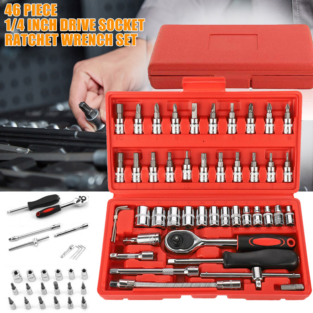 46-Pieces Ratchet Spanner Wrench Socket Set 1/4" Screwdriver Bits Hand Tool Kit